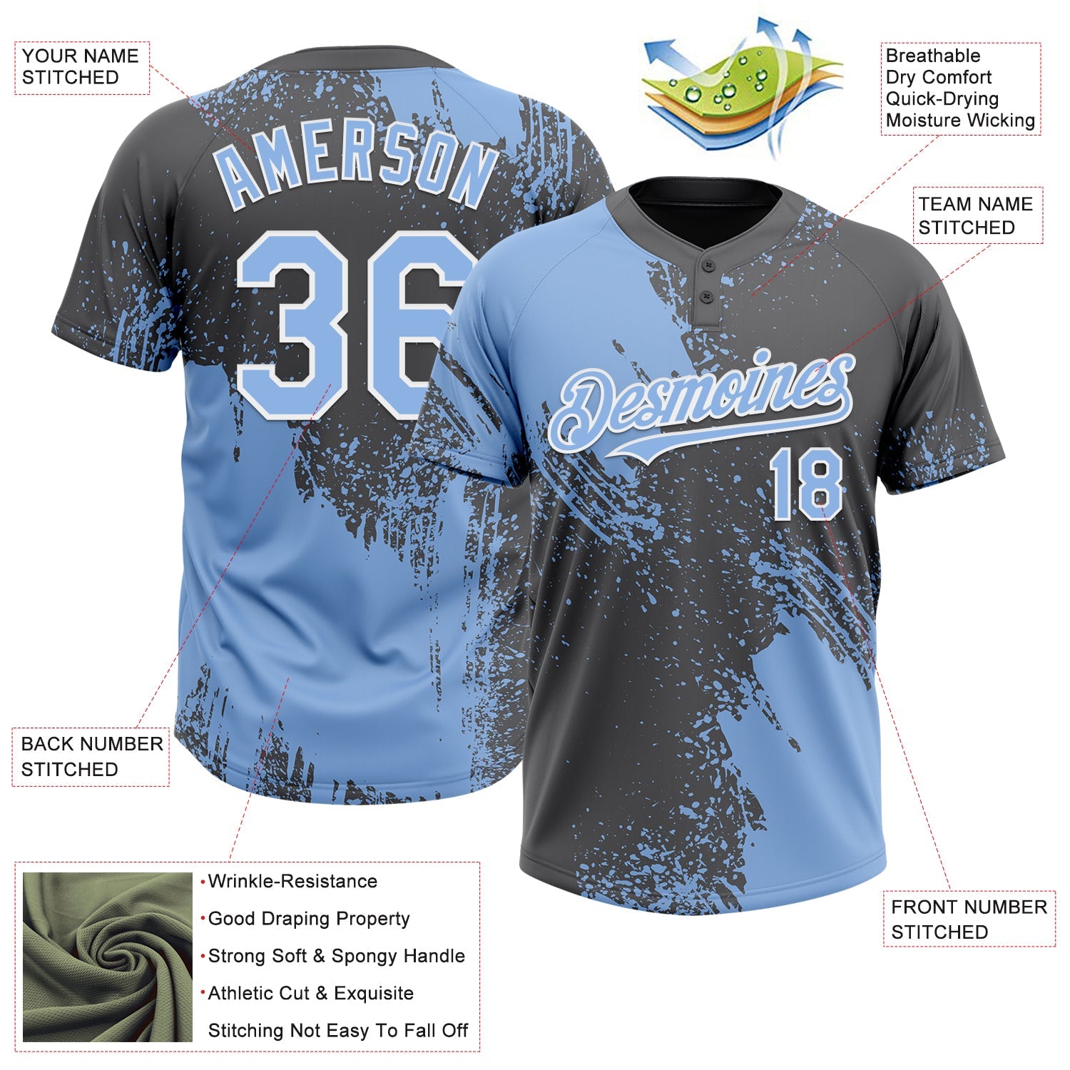 Custom Light Blue Steel Gray-White 3D Pattern Abstract Brush Stroke Two-Button Unisex Softball Jersey view 3