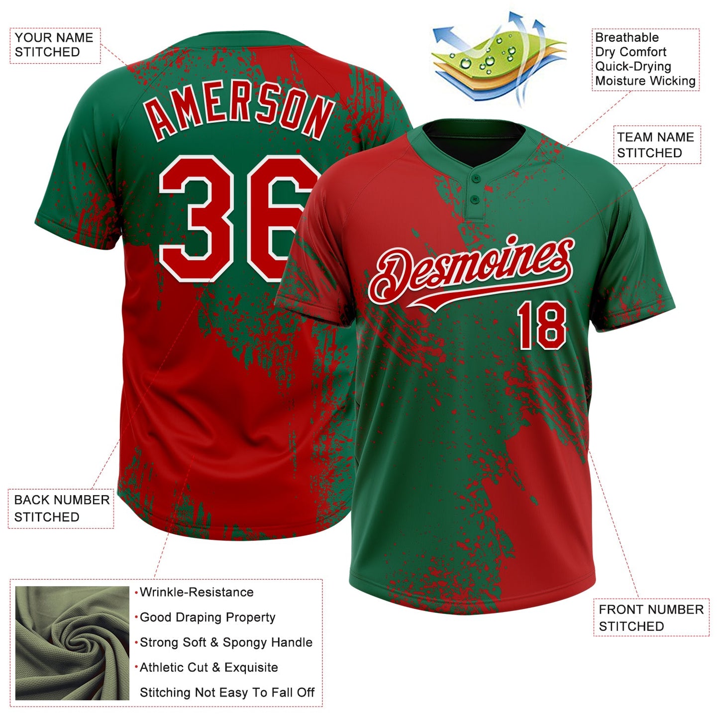 Custom Red Kelly Green-White 3D Pattern Abstract Brush Stroke Two-Button Unisex Softball Jersey view 3