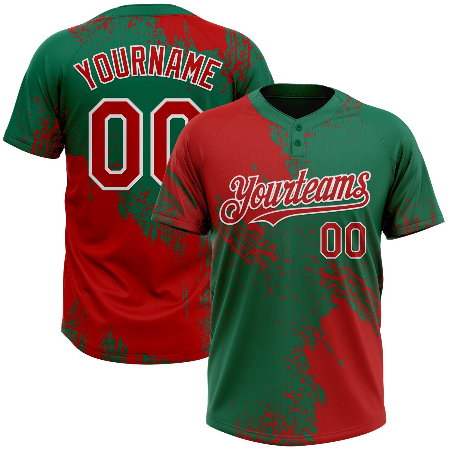 Custom Red Kelly Green-White 3D Pattern Abstract Brush Stroke Two-Button Unisex Softball Jersey - Main View