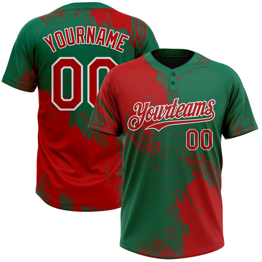 Custom Red Kelly Green-White 3D Pattern Abstract Brush Stroke Two-Button Unisex Softball Jersey - Main View