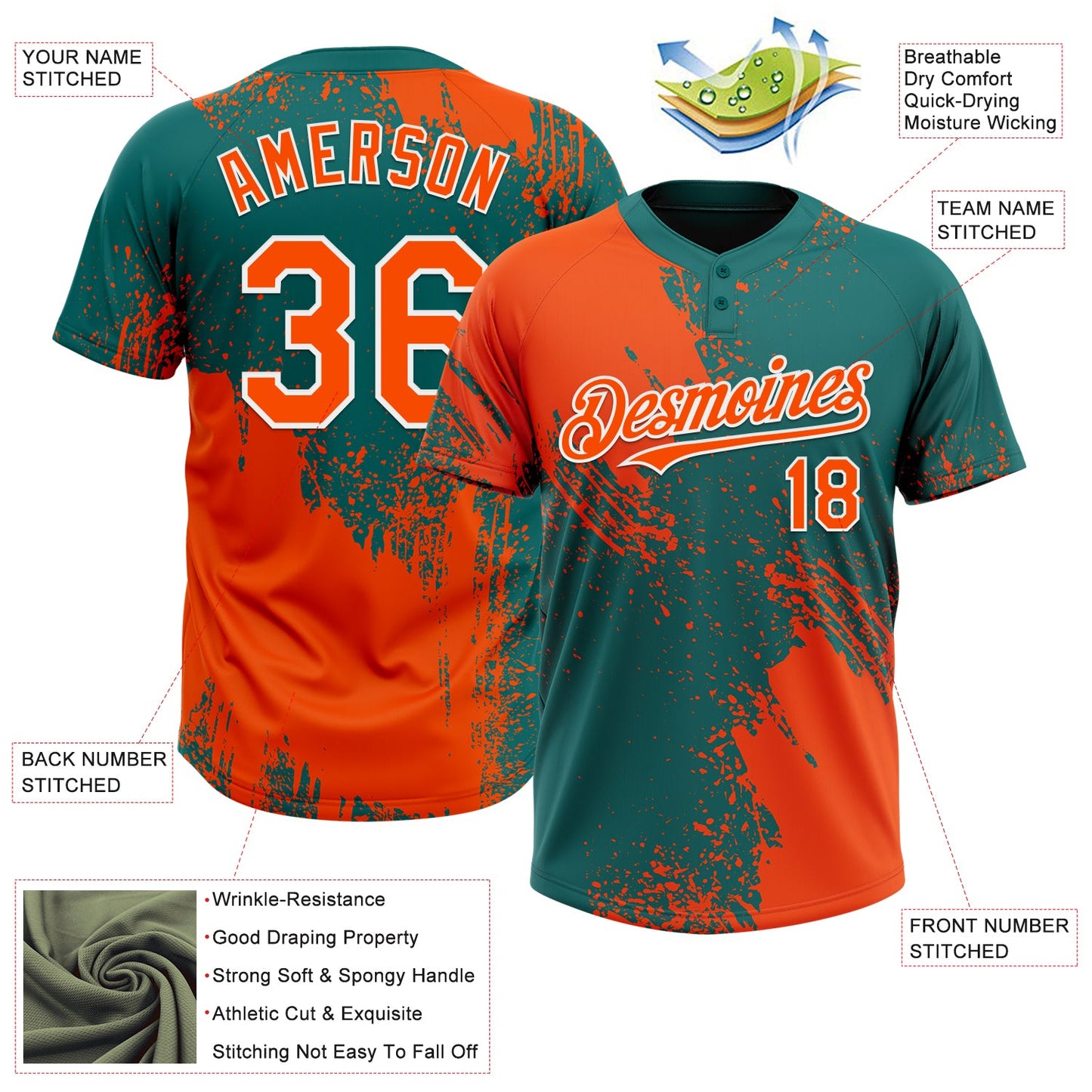 Custom Orange Teal-White 3D Pattern Abstract Brush Stroke Two-Button Unisex Softball Jersey view 3