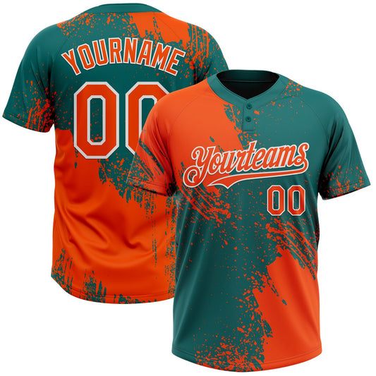 Custom Orange Teal-White 3D Pattern Abstract Brush Stroke Two-Button Unisex Softball Jersey - Main View