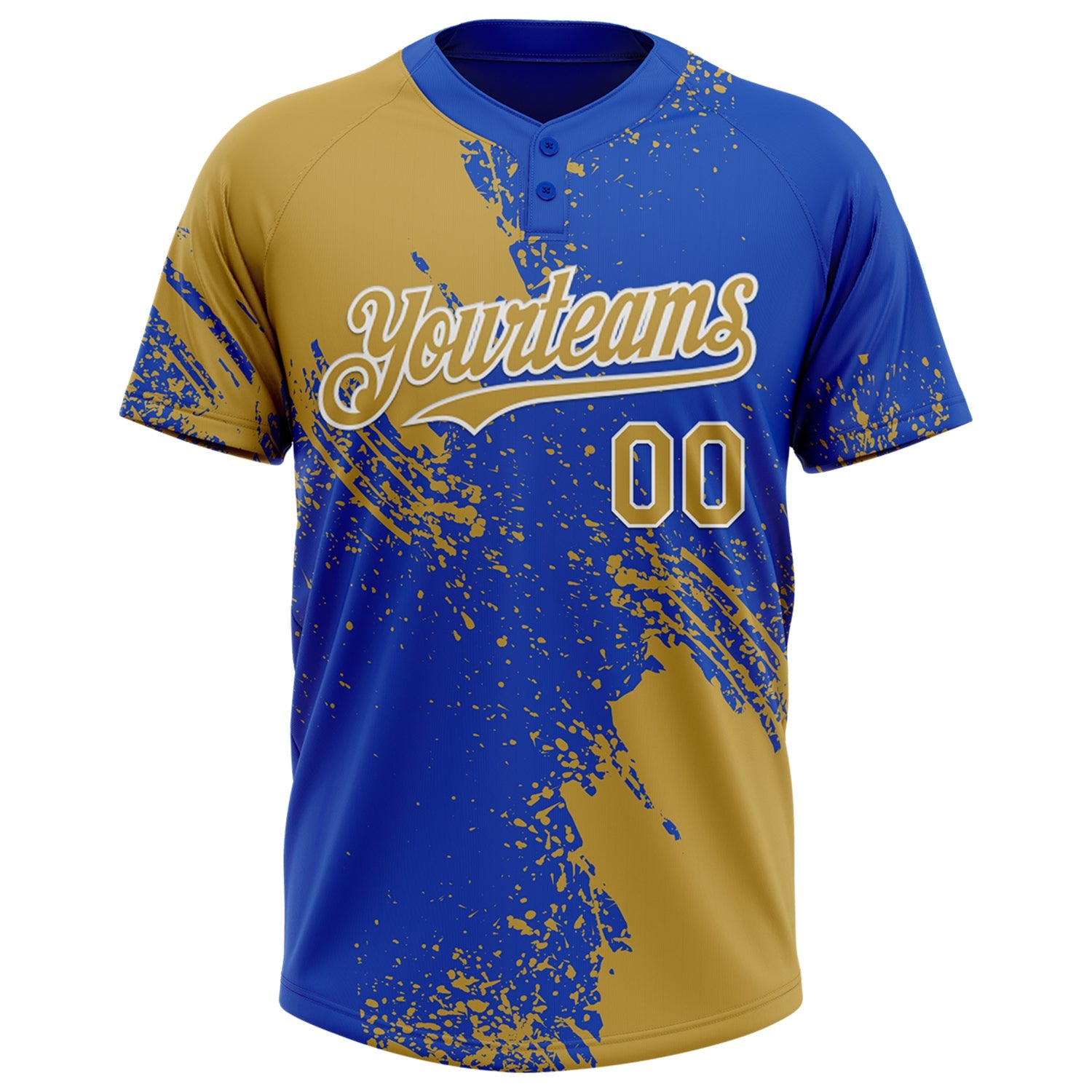 Custom Old Gold Thunder Blue-White 3D Pattern Abstract Brush Stroke Two-Button Unisex Softball Jersey view 2