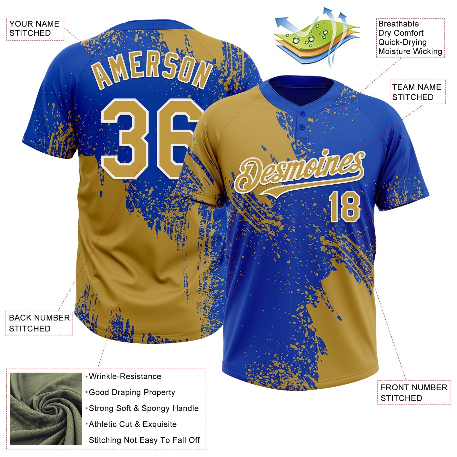 Custom Old Gold Thunder Blue-White 3D Pattern Abstract Brush Stroke Two-Button Unisex Softball Jersey view 3
