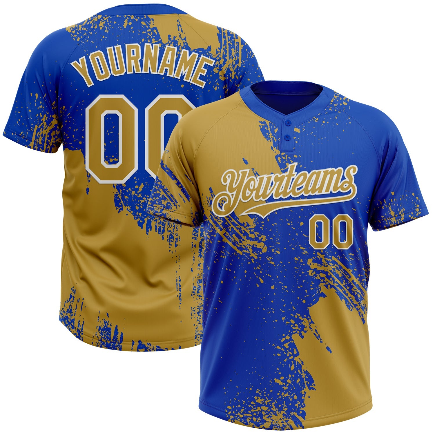 Custom Old Gold Thunder Blue-White 3D Pattern Abstract Brush Stroke Two-Button Unisex Softball Jersey - Main View