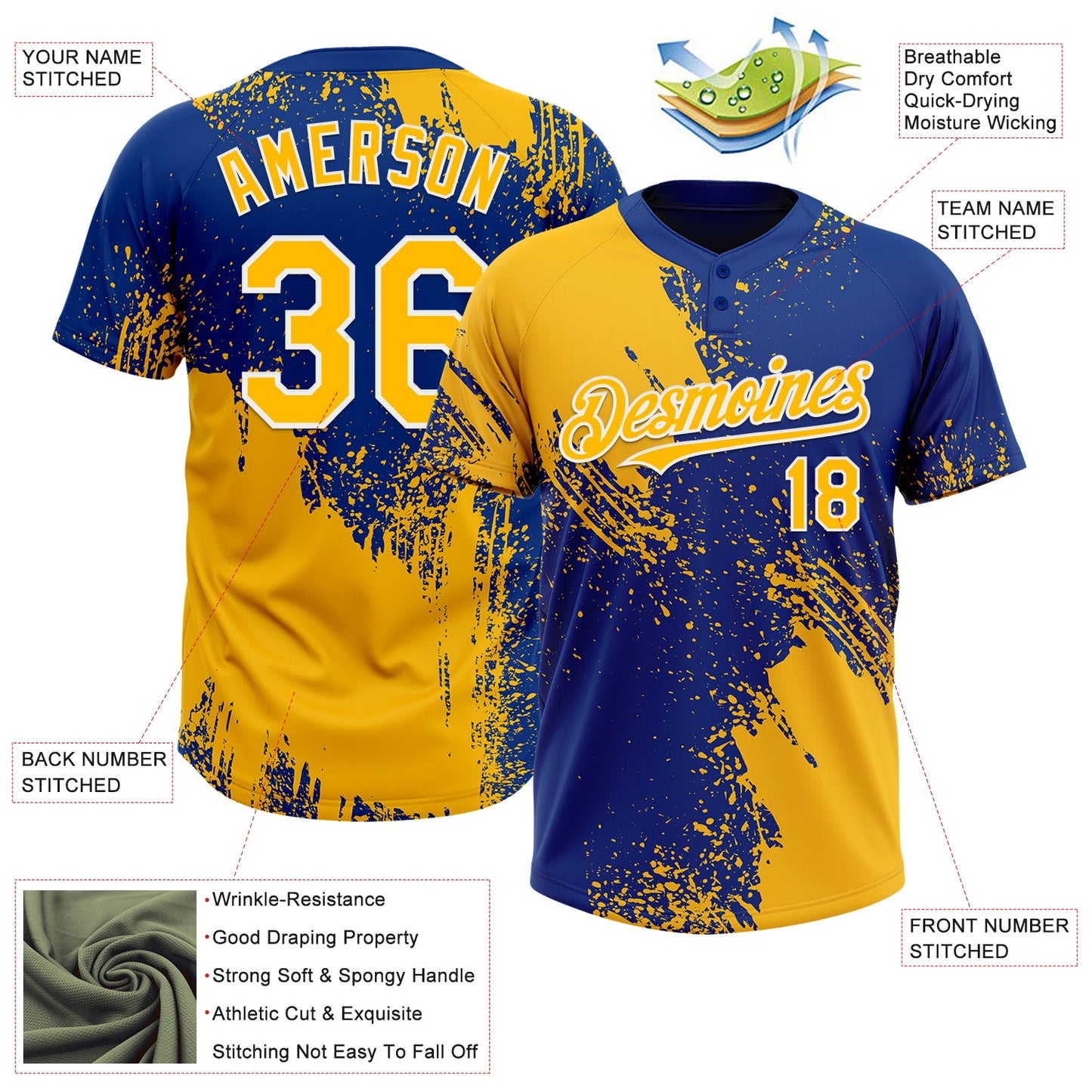 Custom Gold Royal-White 3D Pattern Abstract Brush Stroke Two-Button Unisex Softball Jersey view 3