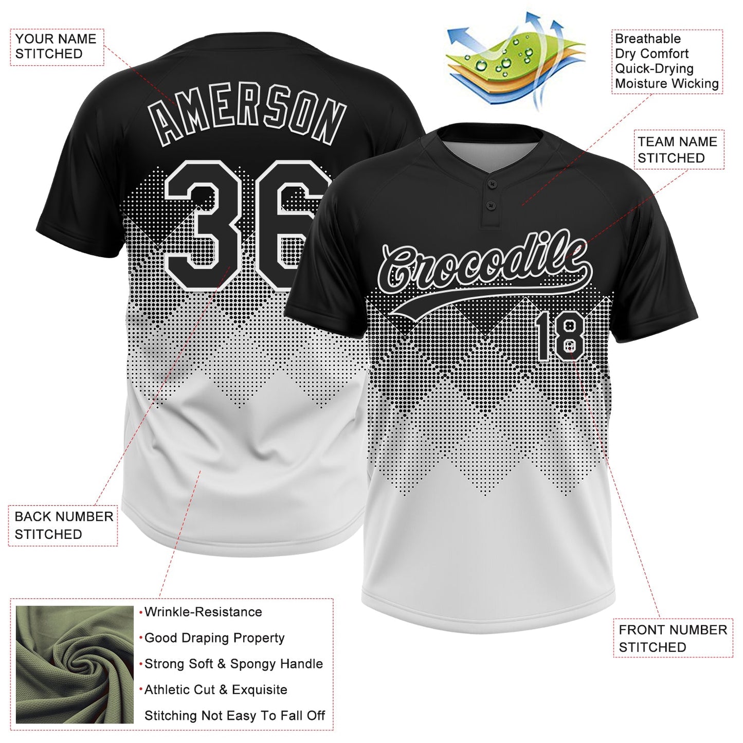 Custom Black White 3D Gradient Square Shape Two-Button Unisex Softball Jersey view 3