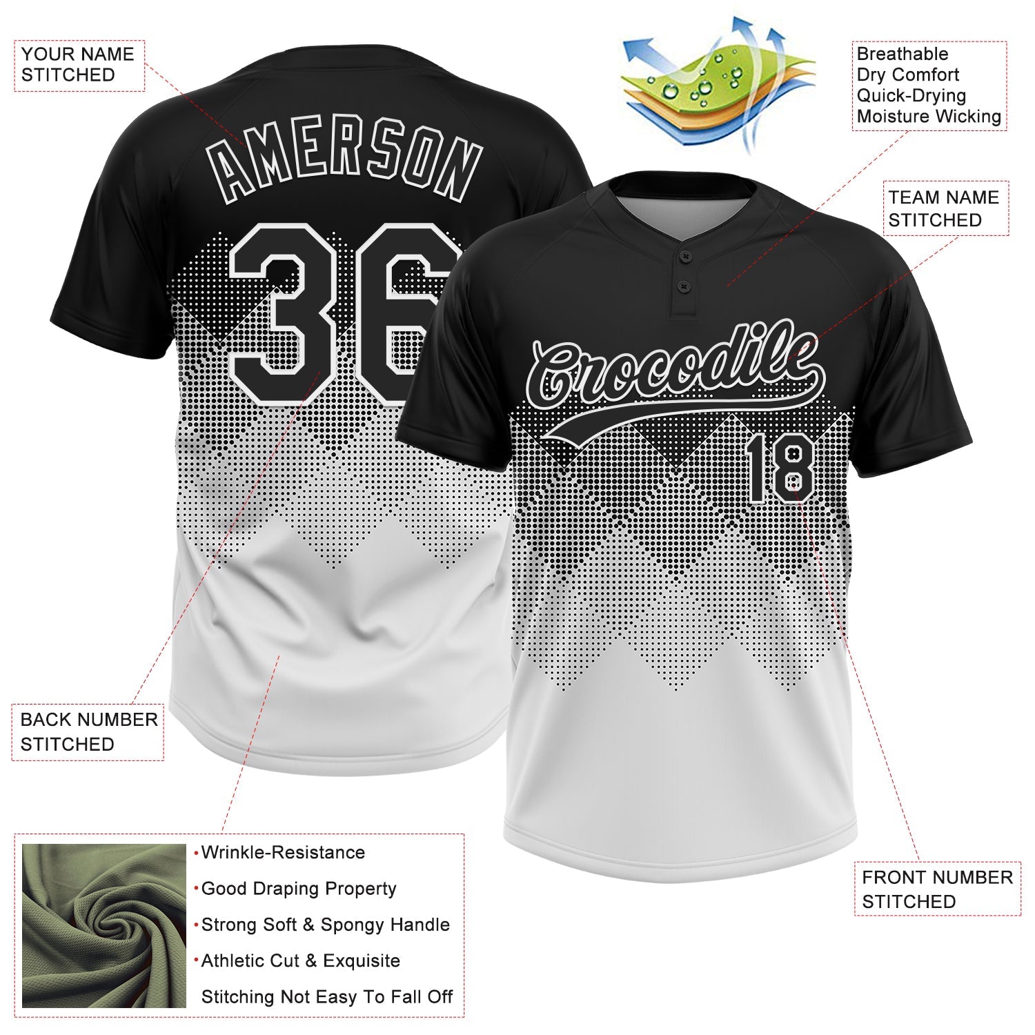 Custom Black White 3D Gradient Square Shape Two-Button Unisex Softball Jersey view 3