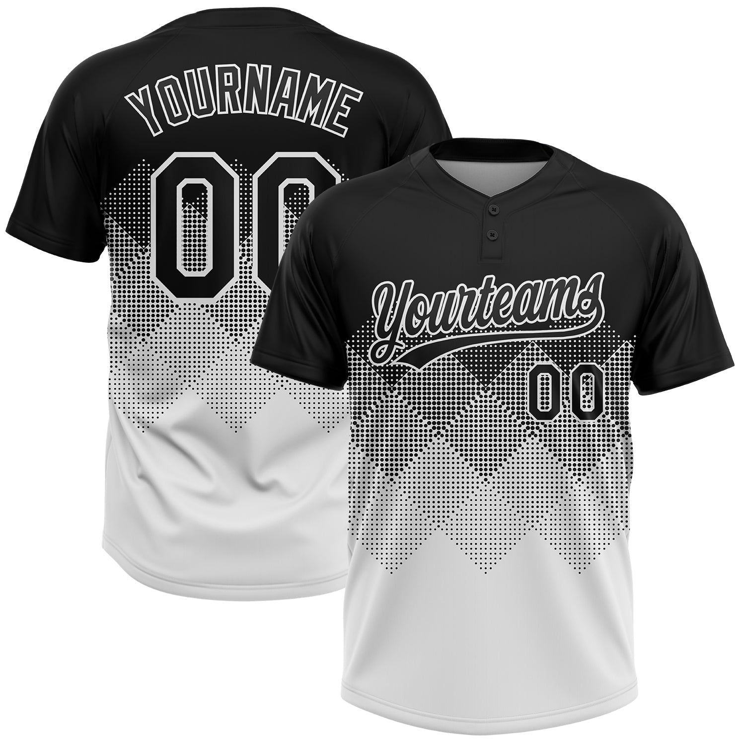Custom Black White 3D Gradient Square Shape Two-Button Unisex Softball Jersey - Main View
