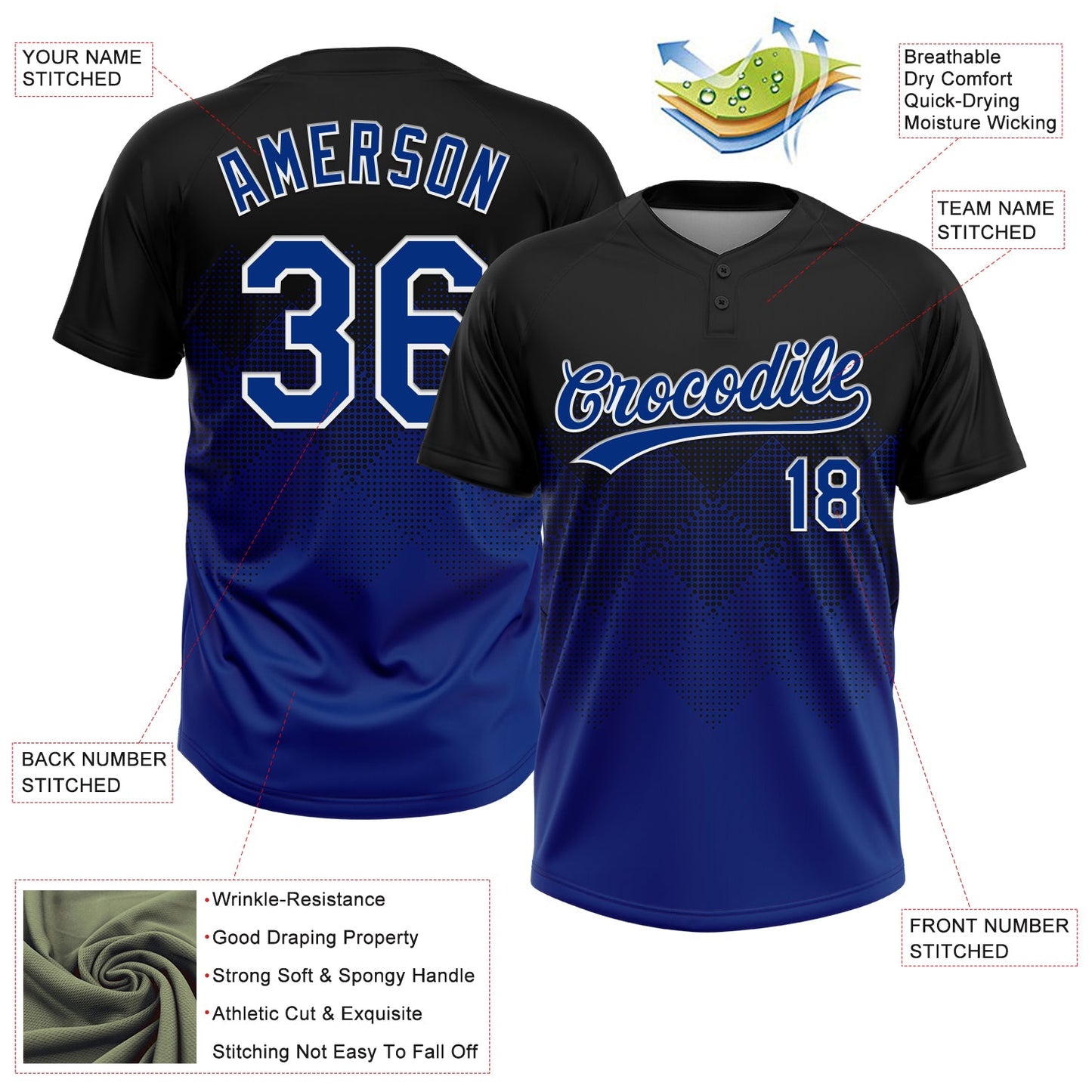 Custom Black Royal-White 3D Gradient Square Shape Two-Button Unisex Softball Jersey view 3