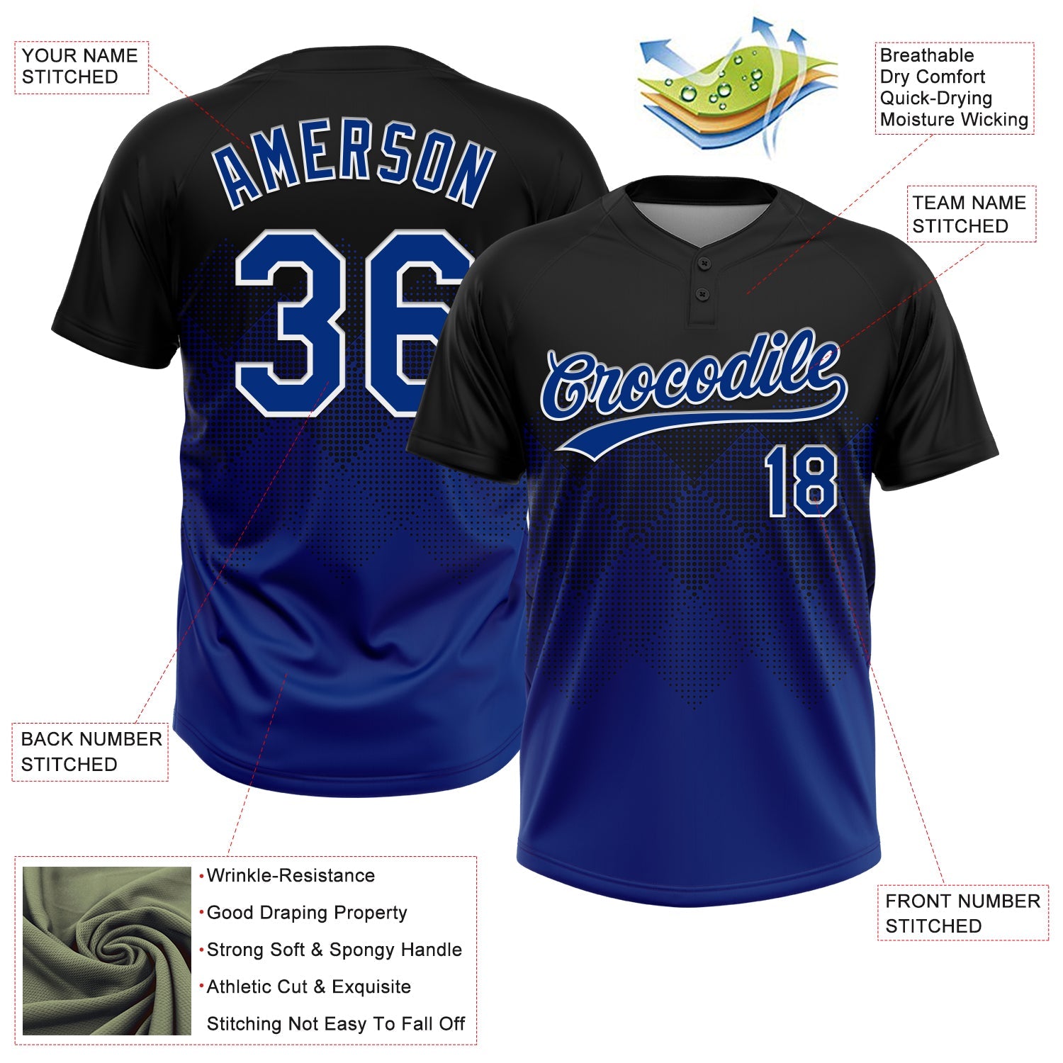 Custom Black Royal-White 3D Gradient Square Shape Two-Button Unisex Softball Jersey view 3