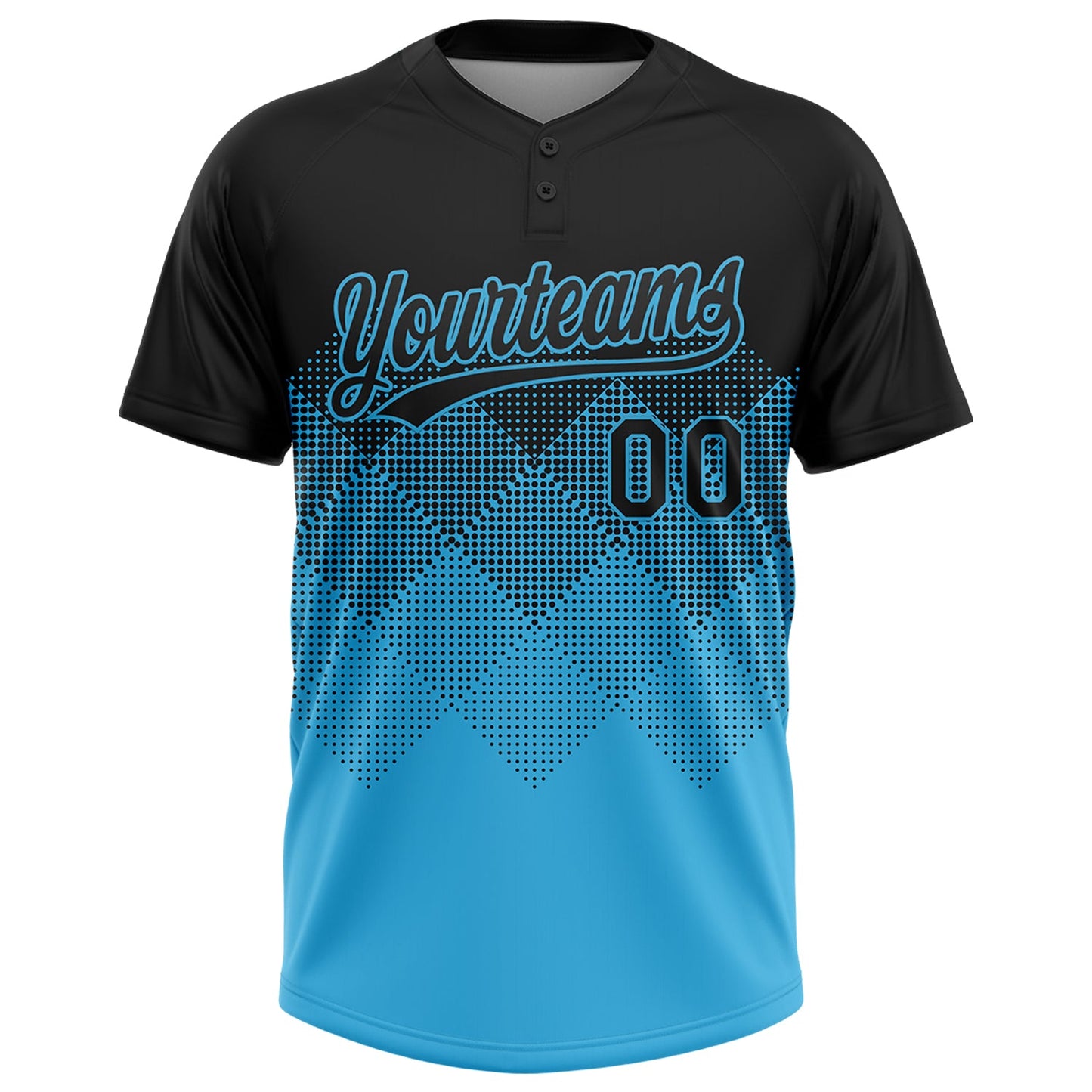 Custom Black Sky Blue 3D Gradient Square Shape Two-Button Unisex Softball Jersey view 2