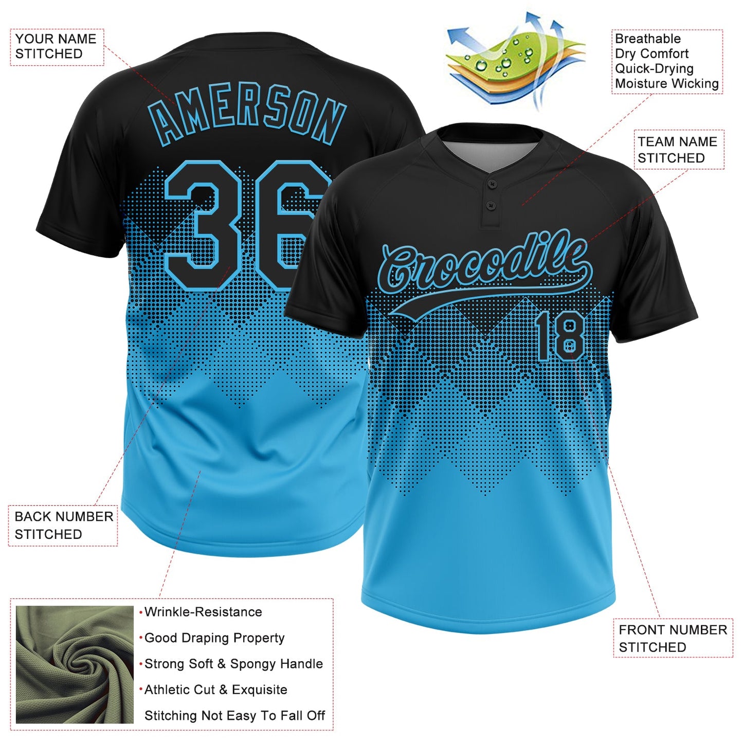 Custom Black Sky Blue 3D Gradient Square Shape Two-Button Unisex Softball Jersey view 3