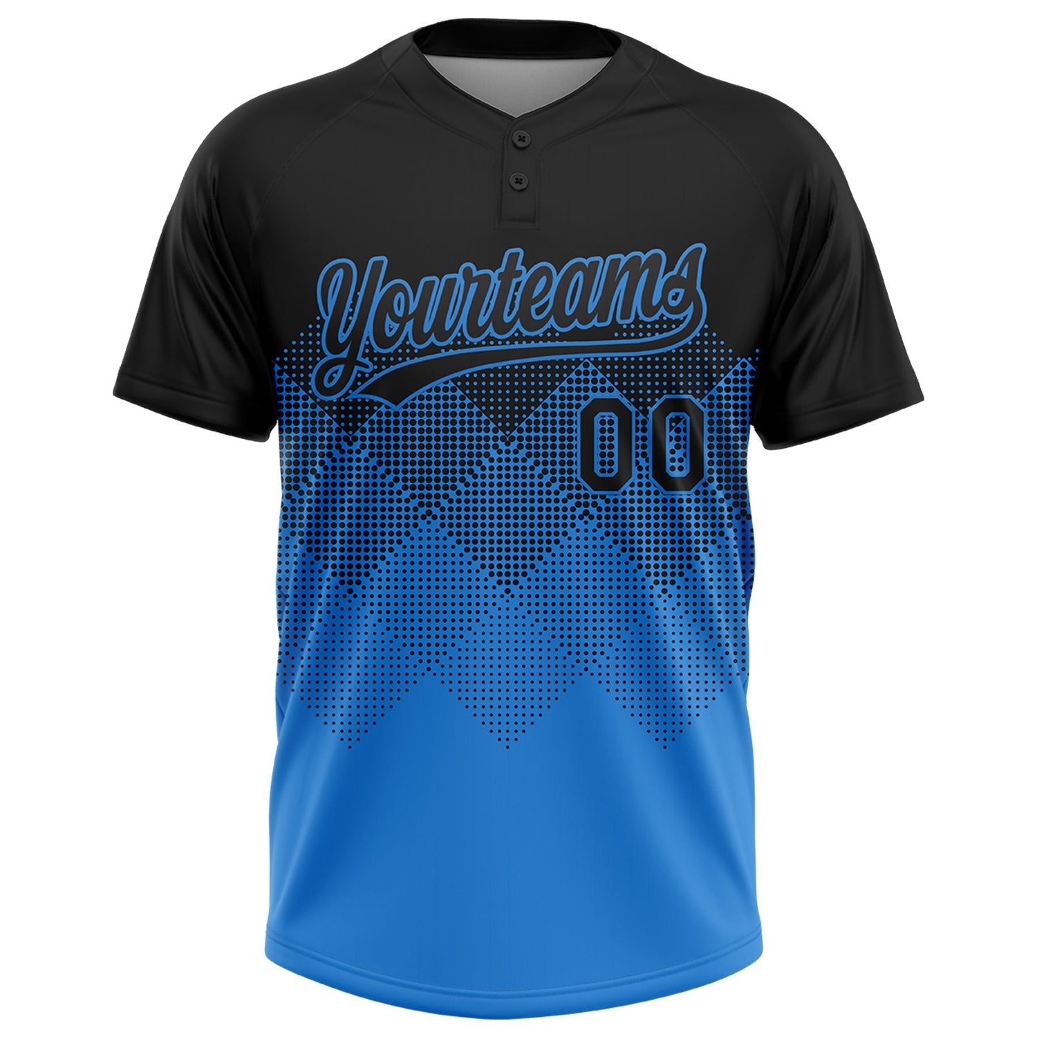 Custom Black Electric Blue 3D Gradient Square Shape Two-Button Unisex Softball Jersey view 2