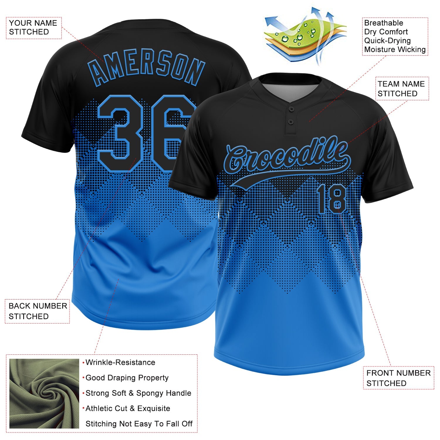 Custom Black Electric Blue 3D Gradient Square Shape Two-Button Unisex Softball Jersey view 3