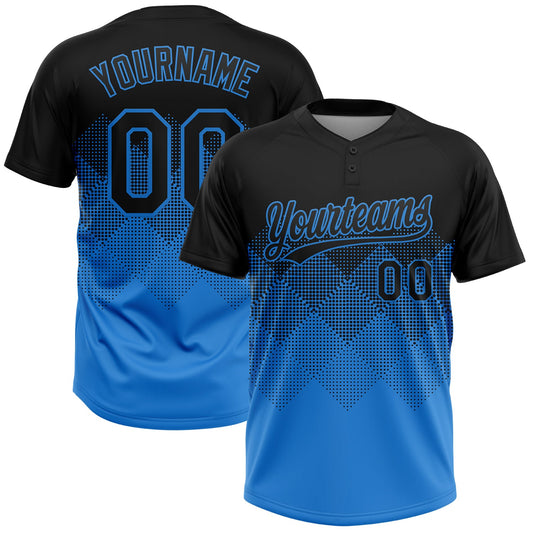 Custom Black Electric Blue 3D Gradient Square Shape Two-Button Unisex Softball Jersey - Main View