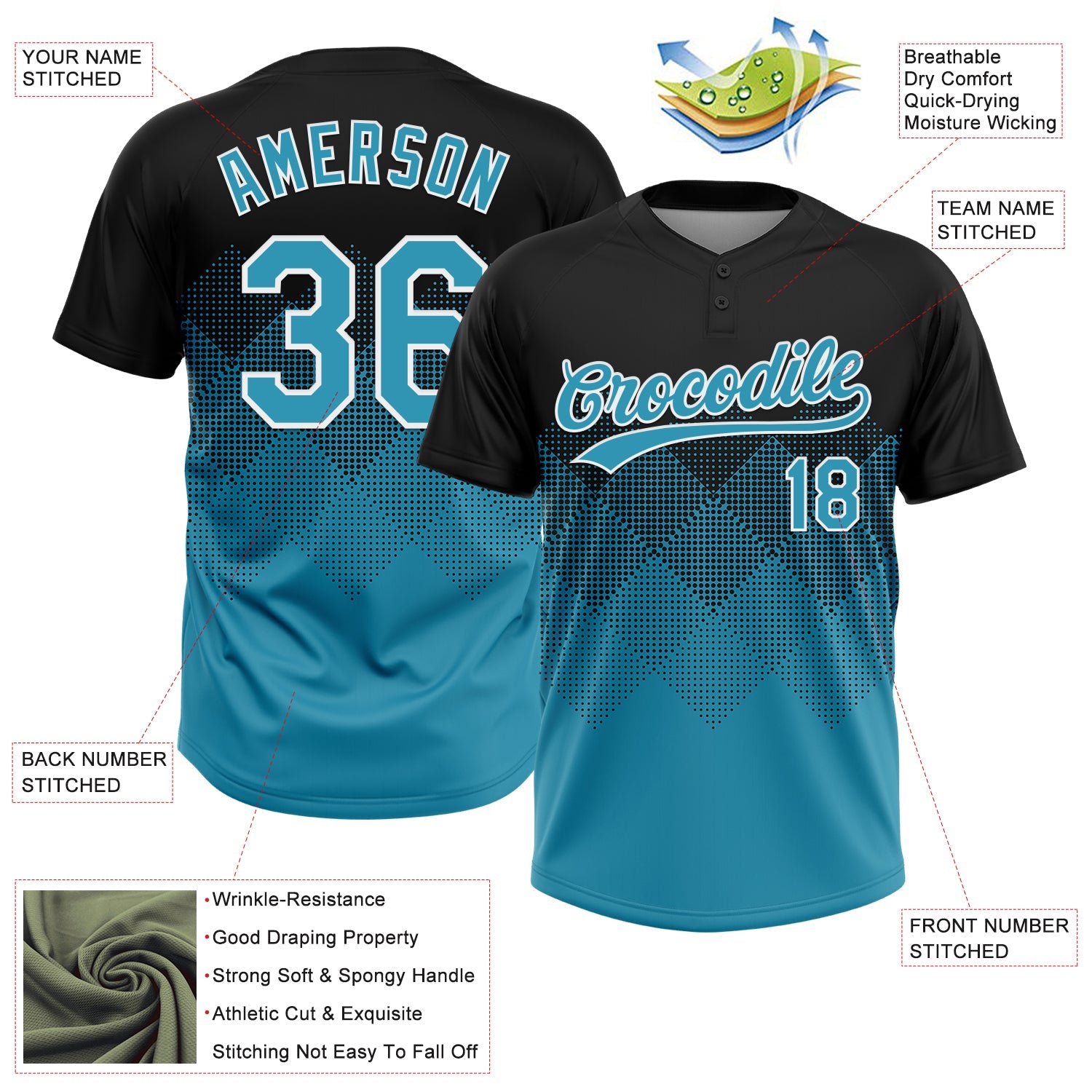 Custom Black Panther Blue-White 3D Gradient Square Shape Two-Button Unisex Softball Jersey view 3