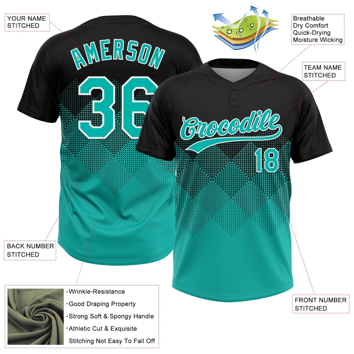 Custom Black Aqua-White 3D Gradient Square Shape Two-Button Unisex Softball Jersey view 3