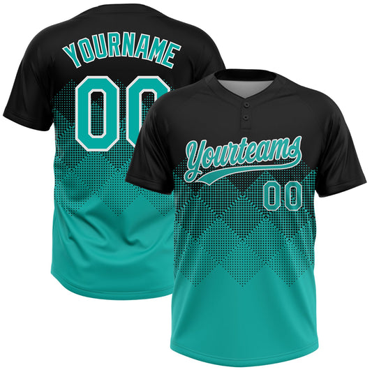 Custom Black Aqua-White 3D Gradient Square Shape Two-Button Unisex Softball Jersey - Main View