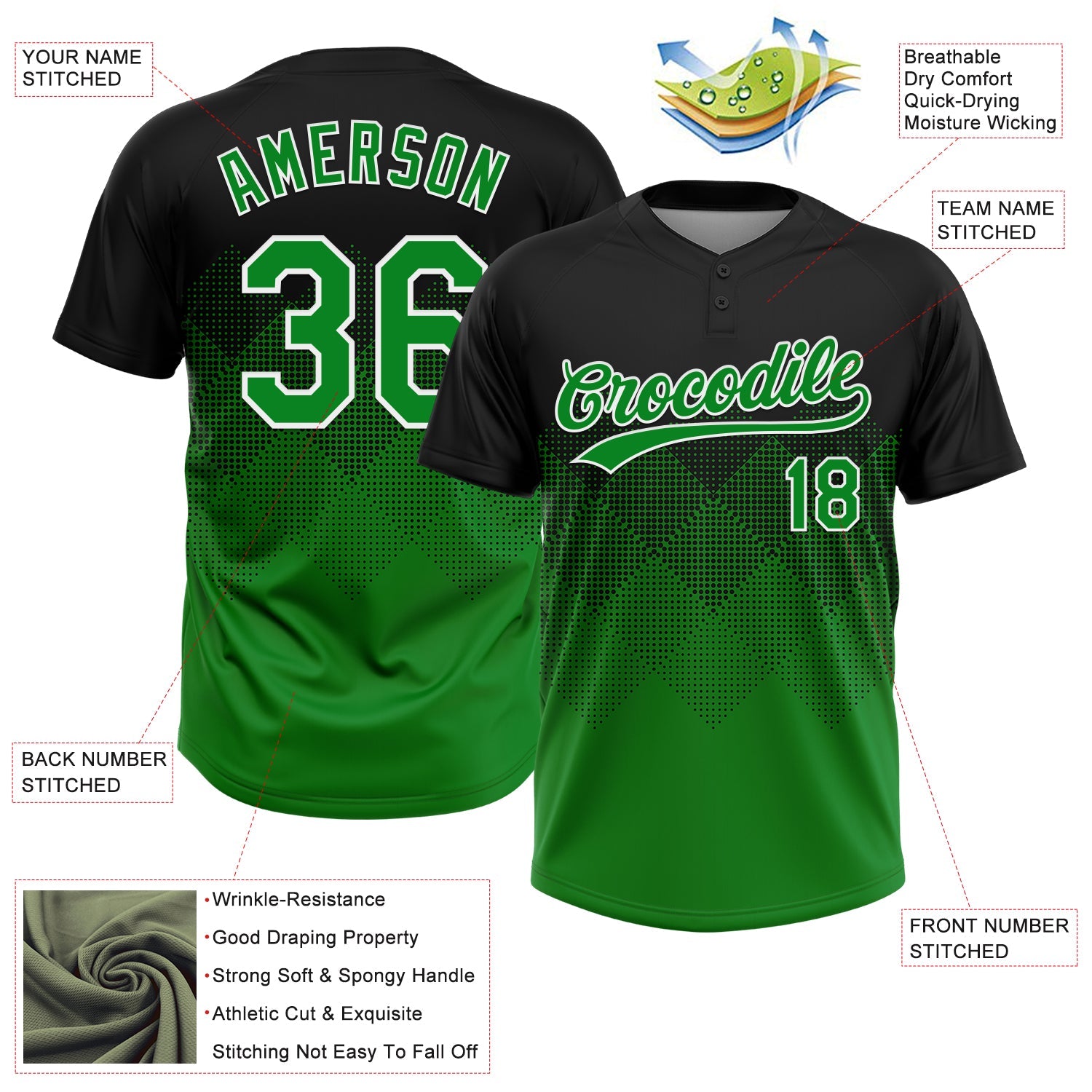 Custom Black Grass Green-White 3D Gradient Square Shape Two-Button Unisex Softball Jersey view 3