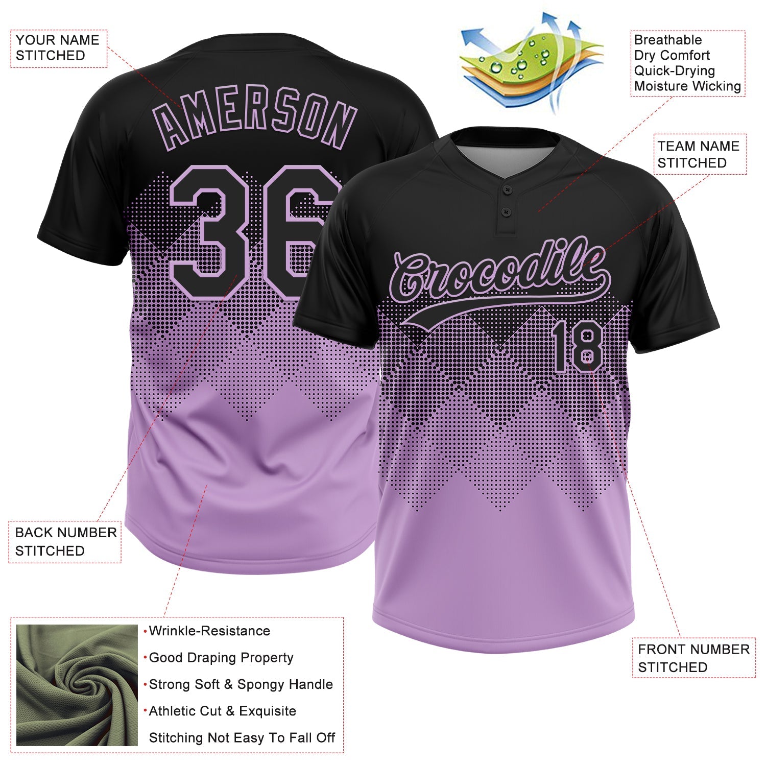 Custom Black Light Purple 3D Gradient Square Shape Two-Button Unisex Softball Jersey view 3