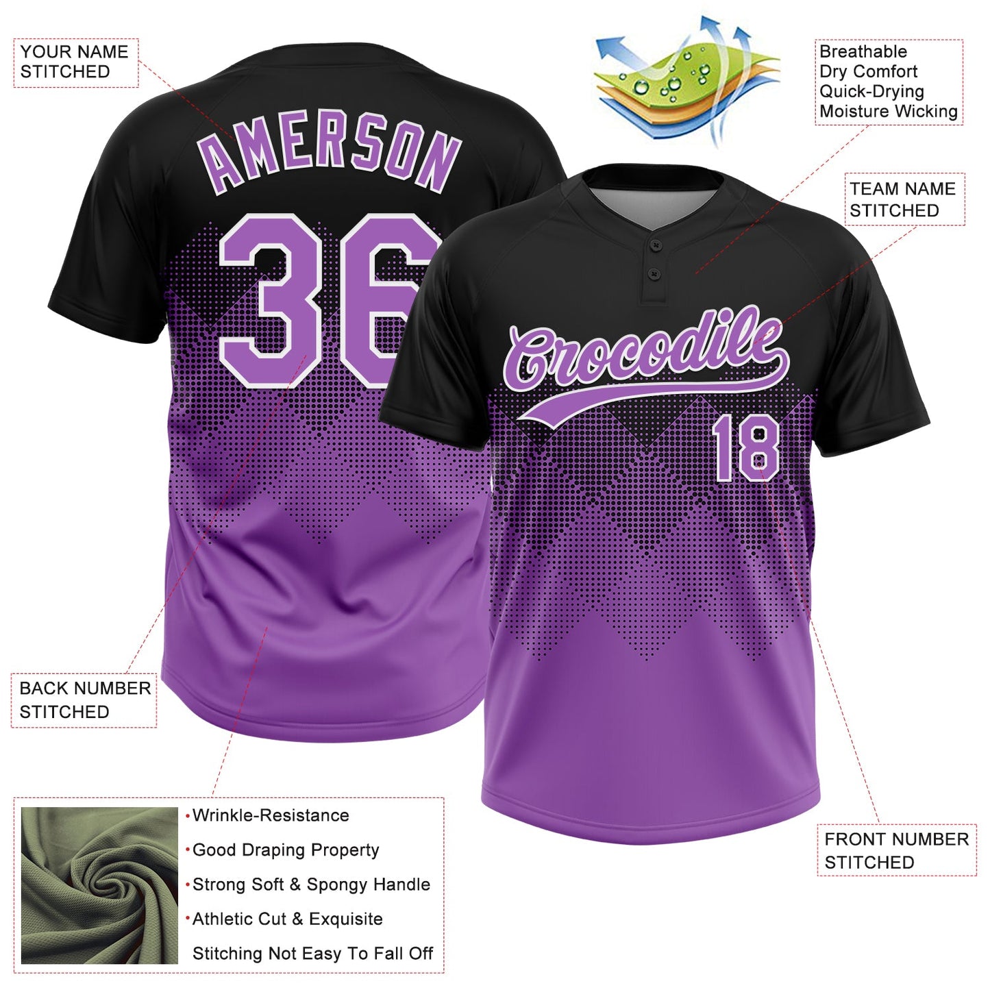 Custom Black Medium Purple-White 3D Gradient Square Shape Two-Button Unisex Softball Jersey view 3