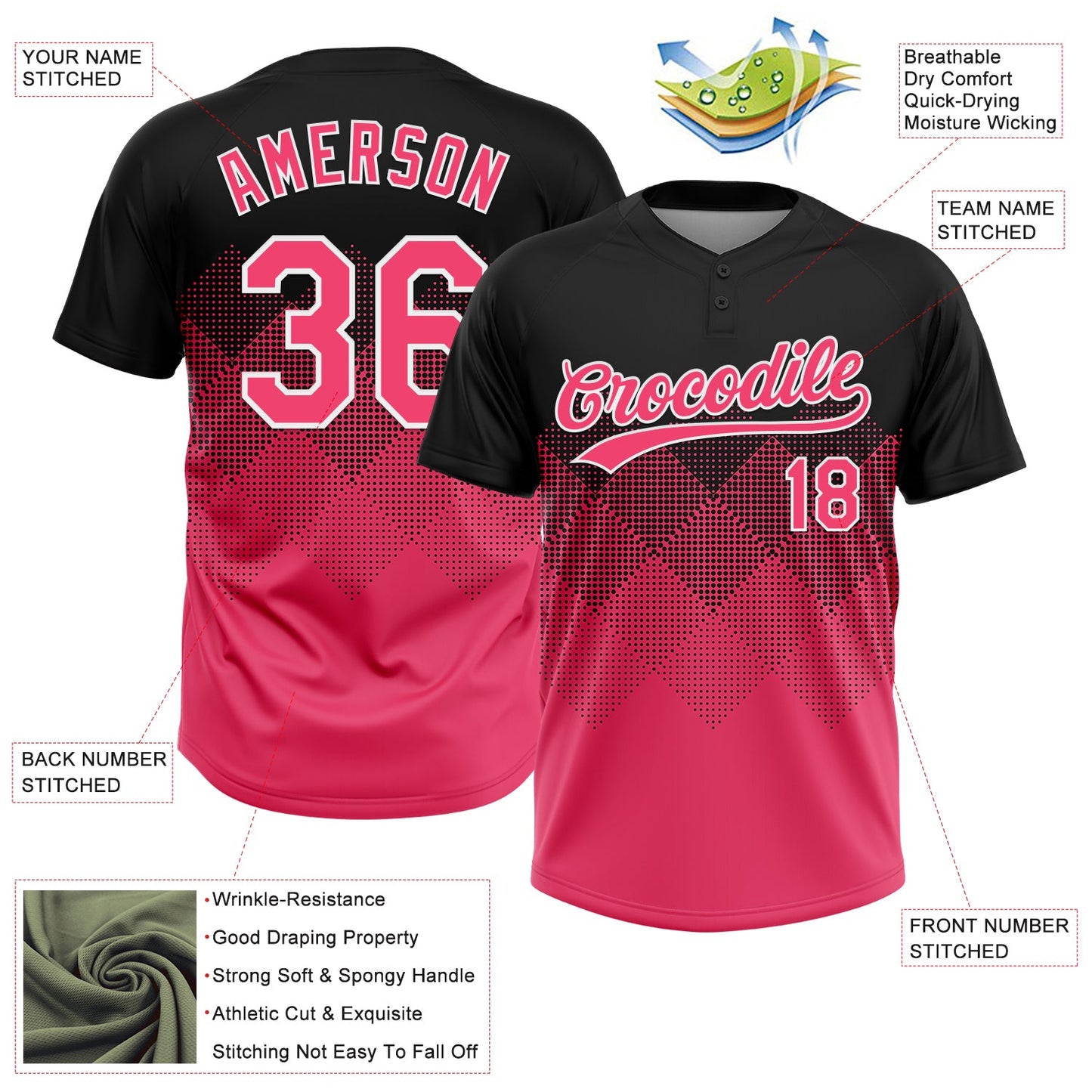 Custom Black Neon Pink-White 3D Gradient Square Shape Two-Button Unisex Softball Jersey view 3