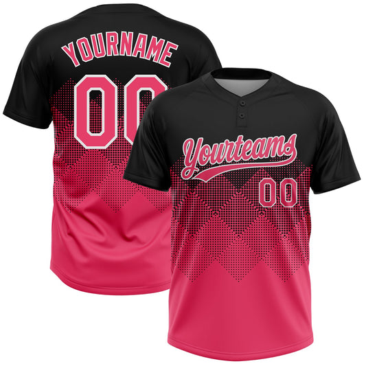 Custom Black Neon Pink-White 3D Gradient Square Shape Two-Button Unisex Softball Jersey - Main View