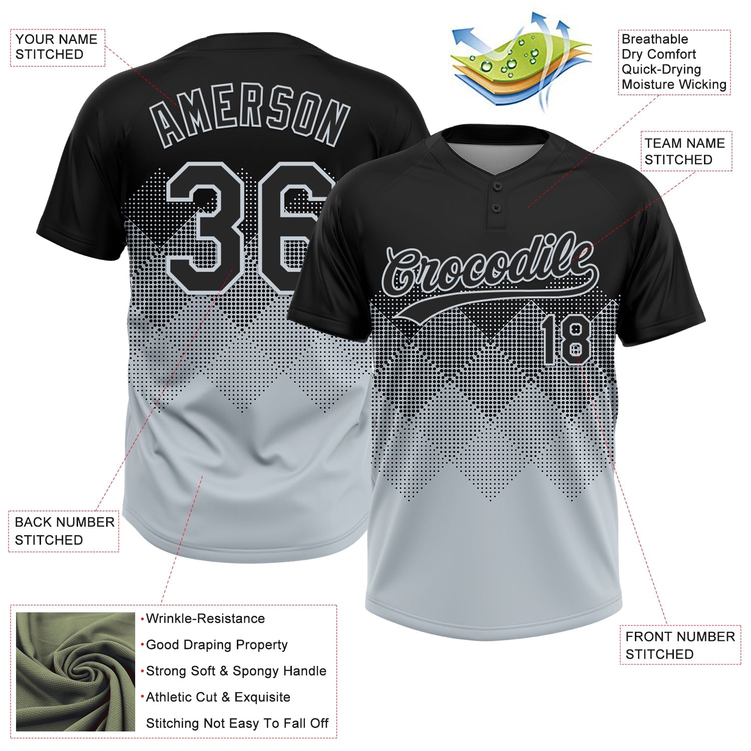 Custom Black Silver 3D Gradient Square Shape Two-Button Unisex Softball Jersey view 3