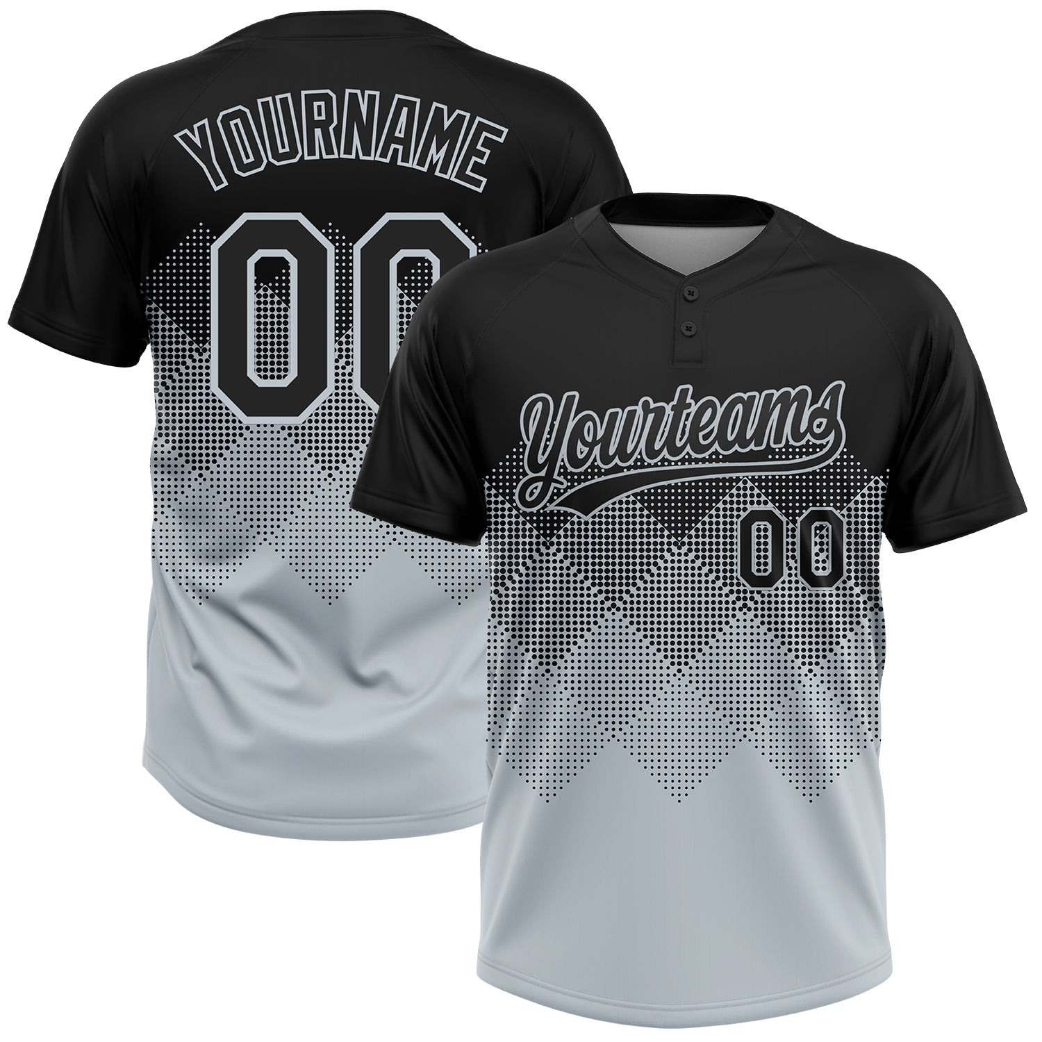 Custom Black Silver 3D Gradient Square Shape Two-Button Unisex Softball Jersey - Main View