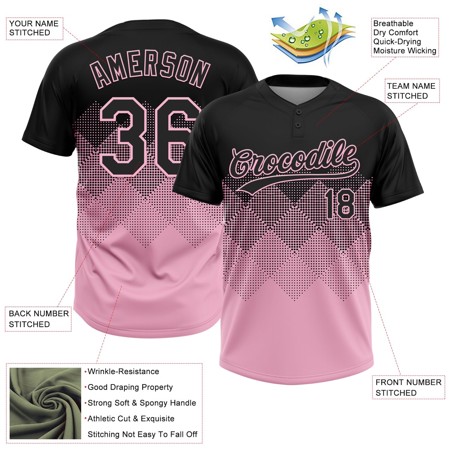 Custom Black Light Pink 3D Gradient Square Shape Two-Button Unisex Softball Jersey view 3