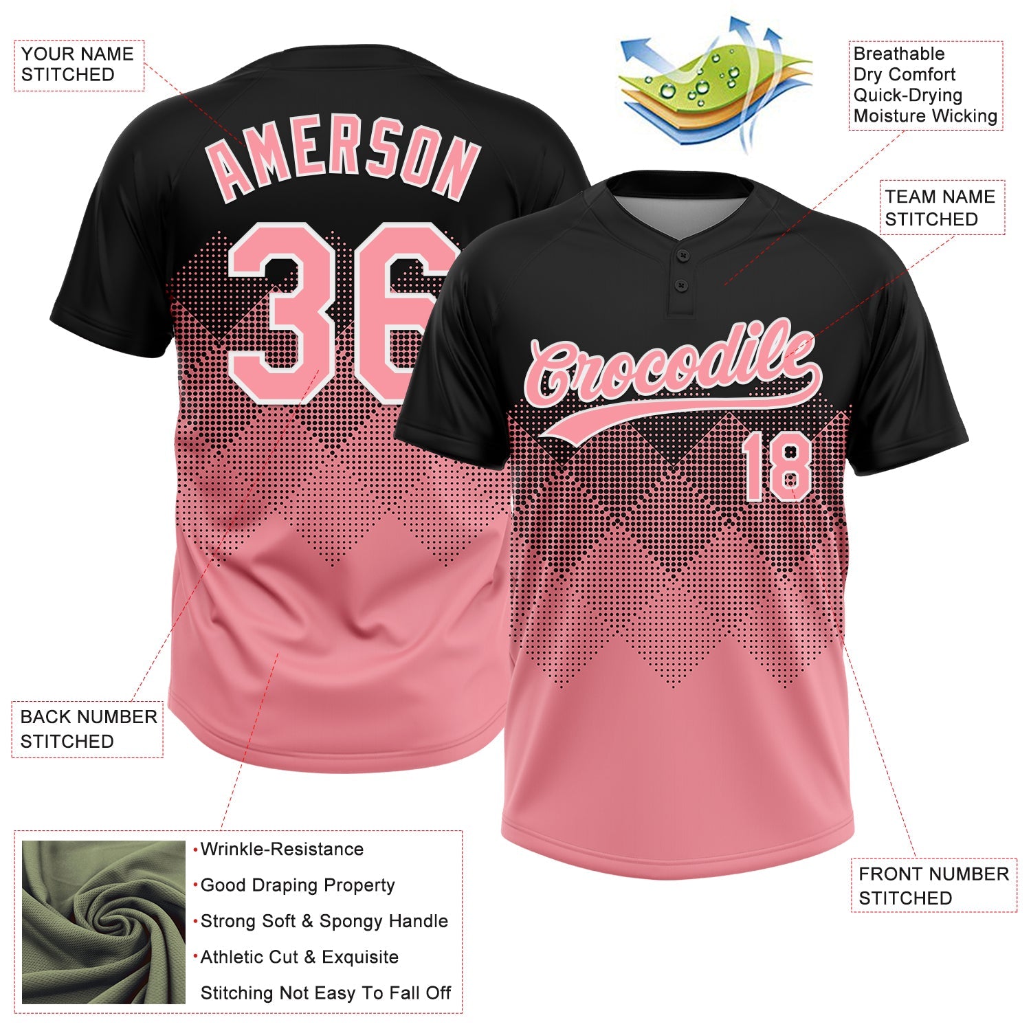 Custom Black Medium Pink-White 3D Gradient Square Shape Two-Button Unisex Softball Jersey view 3