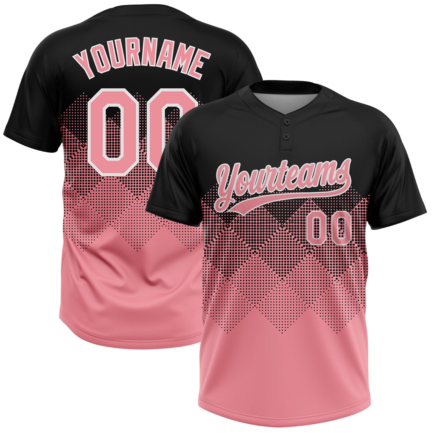 Custom Black Medium Pink-White 3D Gradient Square Shape Two-Button Unisex Softball Jersey - Main View