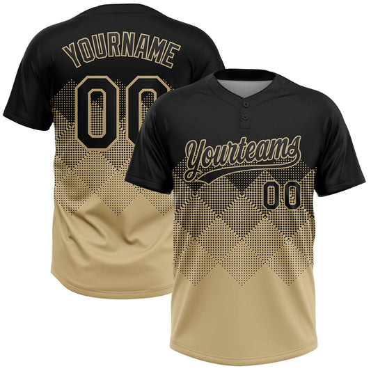 Custom Black Vegas Gold 3D Gradient Square Shape Two-Button Unisex Softball Jersey - Main View