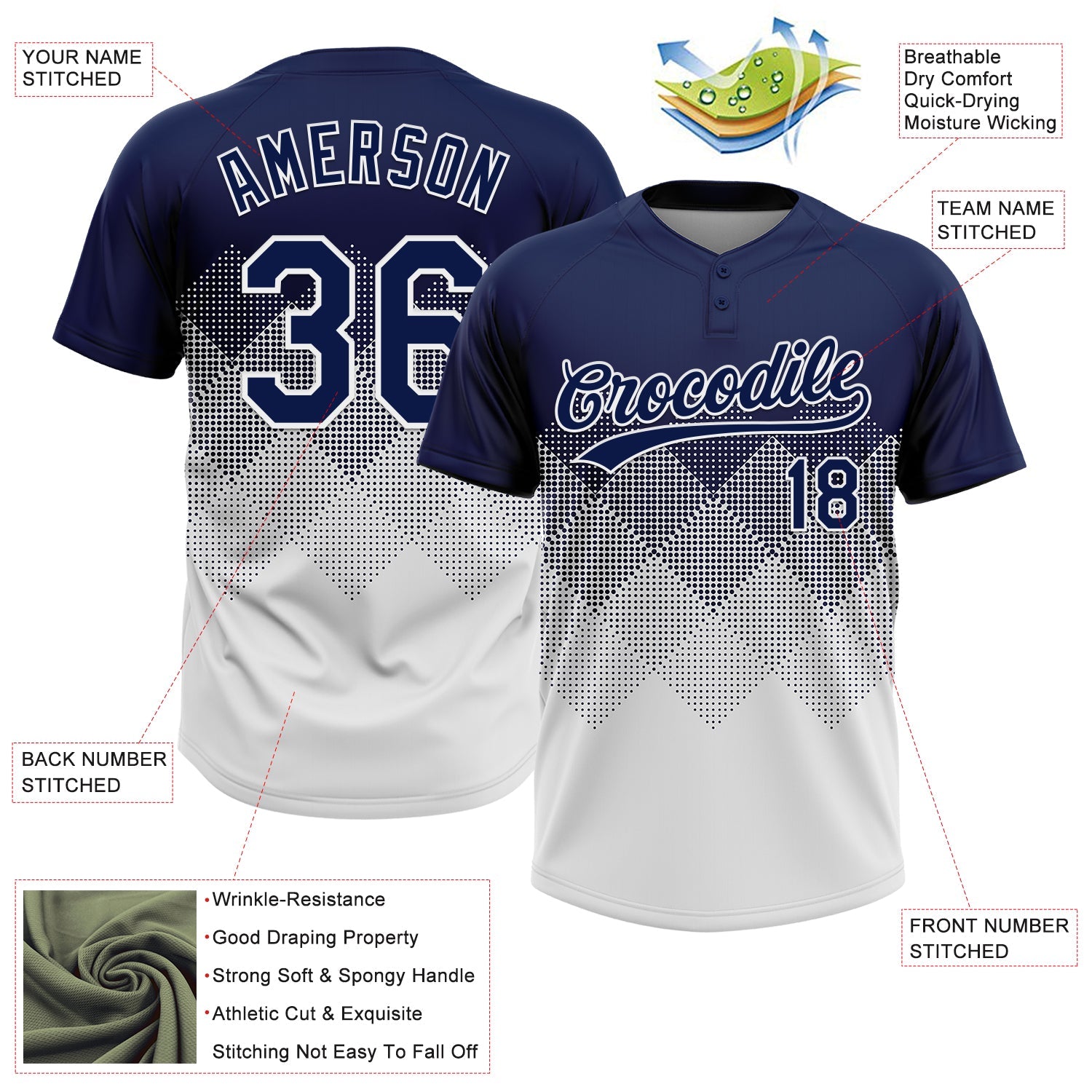 Custom Navy White 3D Gradient Square Shape Two-Button Unisex Softball Jersey view 3