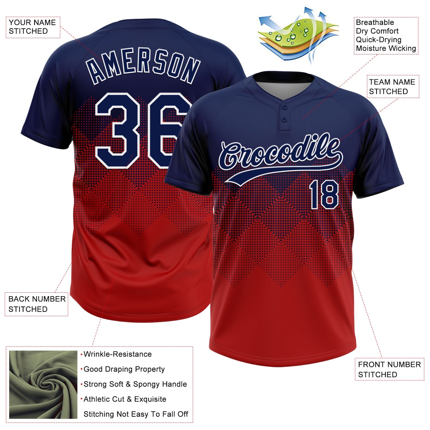 Custom Navy Red-White 3D Gradient Square Shape Two-Button Unisex Softball Jersey view 3