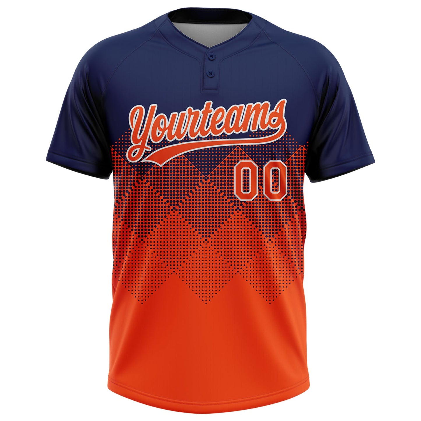 Custom Navy Orange-White 3D Gradient Square Shape Two-Button Unisex Softball Jersey view 2