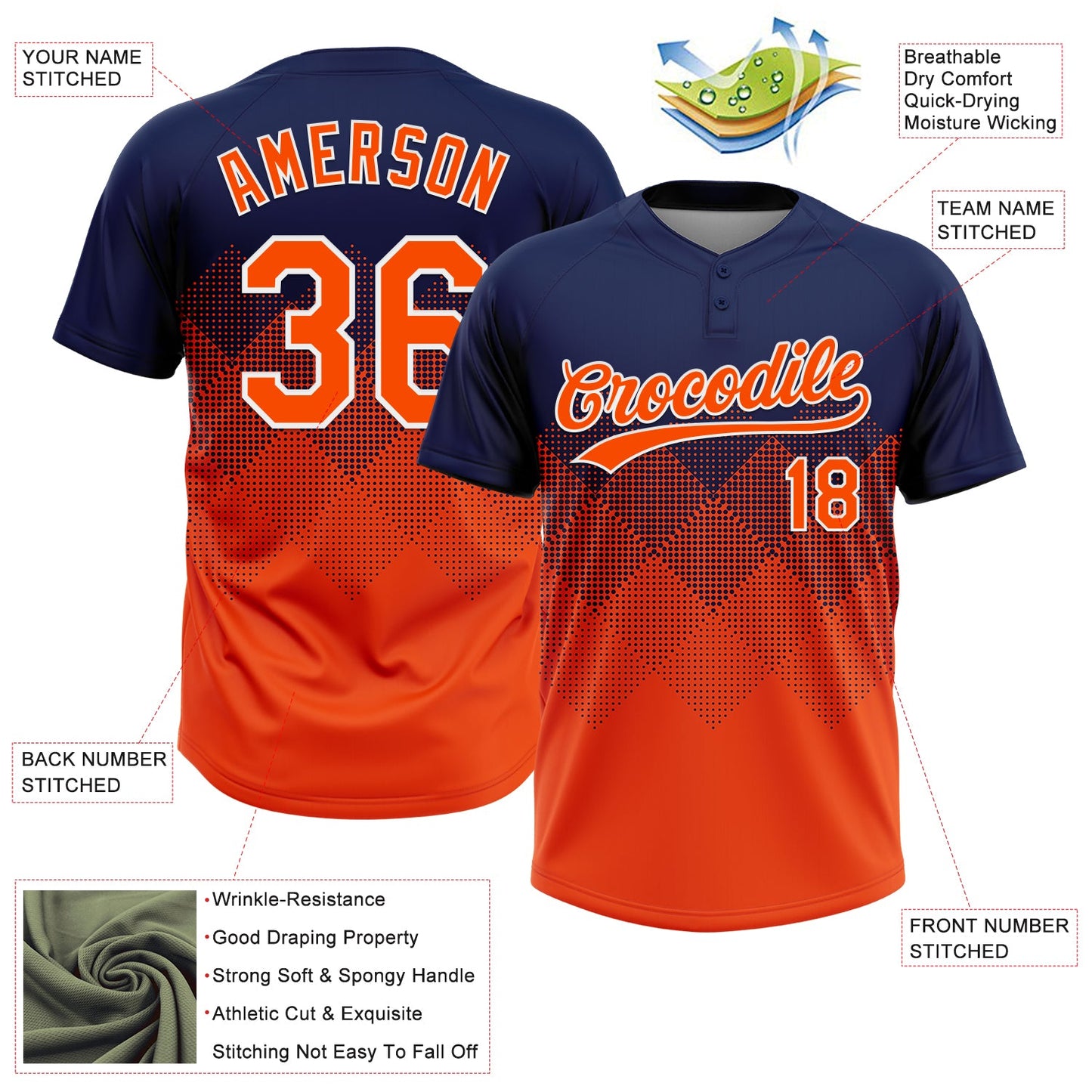 Custom Navy Orange-White 3D Gradient Square Shape Two-Button Unisex Softball Jersey view 3