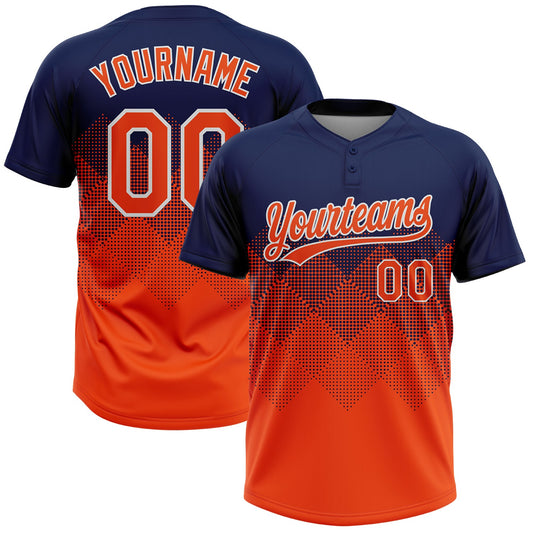 Custom Navy Orange-White 3D Gradient Square Shape Two-Button Unisex Softball Jersey - Main View