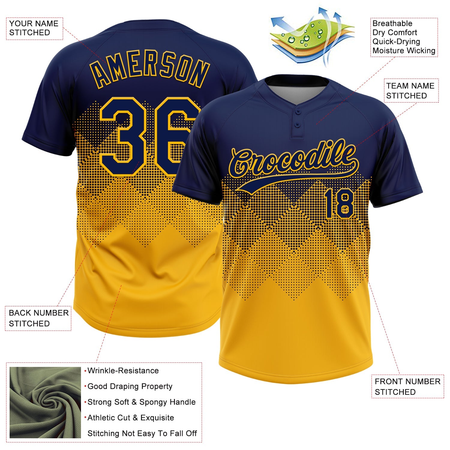 Custom Navy Gold 3D Gradient Square Shape Two-Button Unisex Softball Jersey view 3