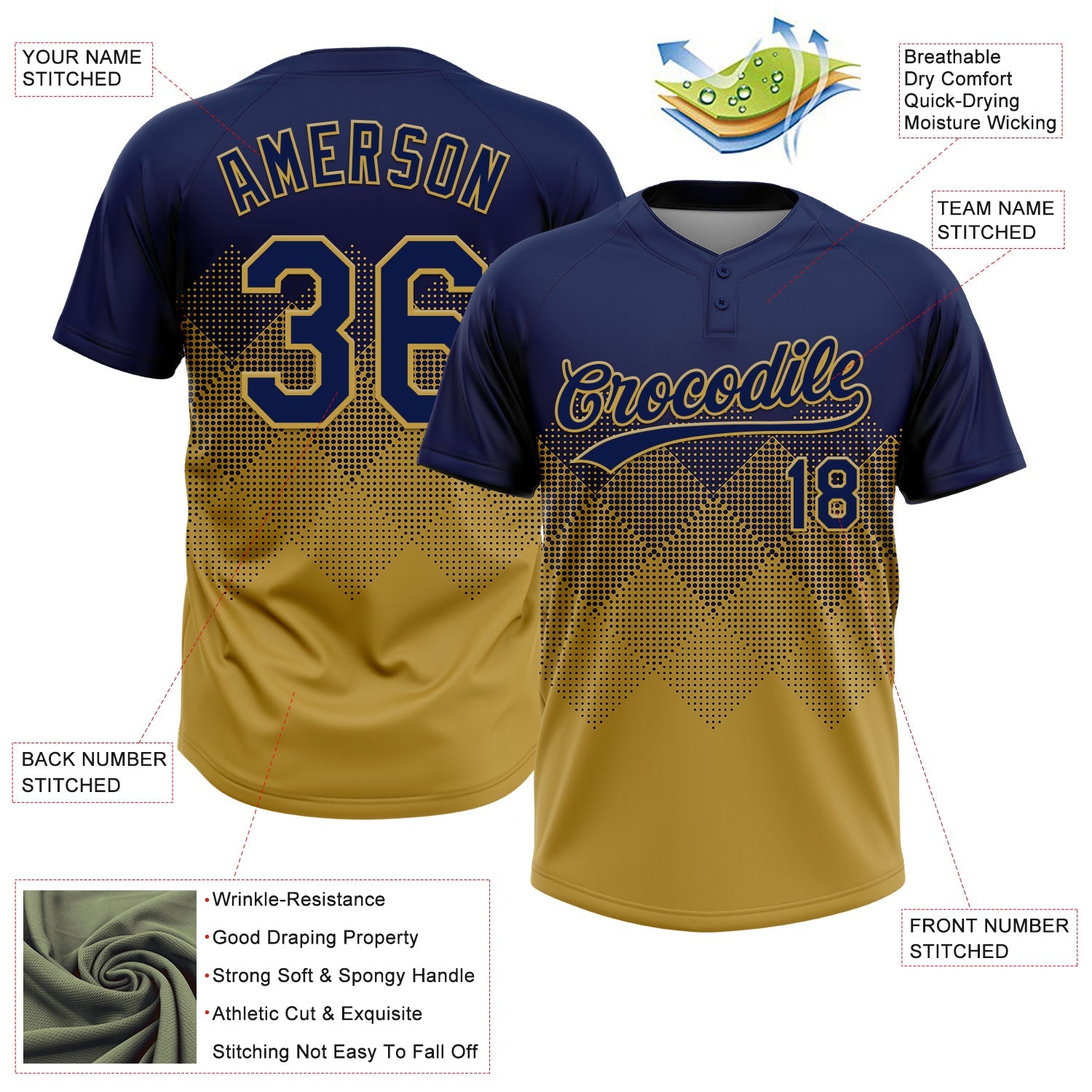 Custom Navy Old Gold 3D Gradient Square Shape Two-Button Unisex Softball Jersey view 3