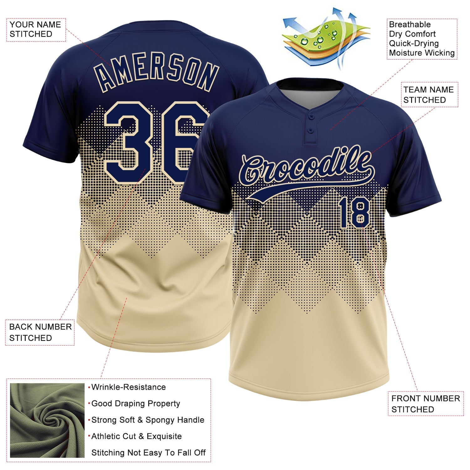 Custom Navy Cream 3D Gradient Square Shape Two-Button Unisex Softball Jersey view 3
