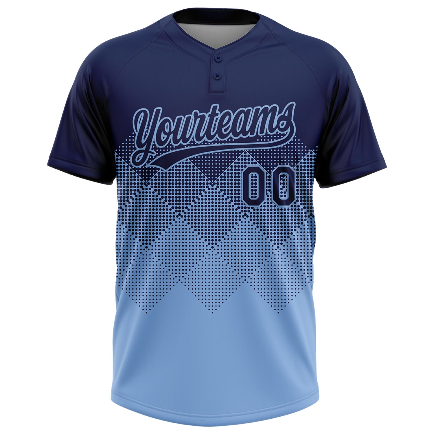 Custom Navy Light Blue 3D Gradient Square Shape Two-Button Unisex Softball Jersey view 2