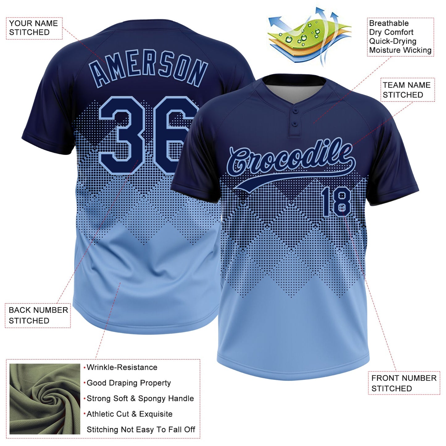 Custom Navy Light Blue 3D Gradient Square Shape Two-Button Unisex Softball Jersey view 3