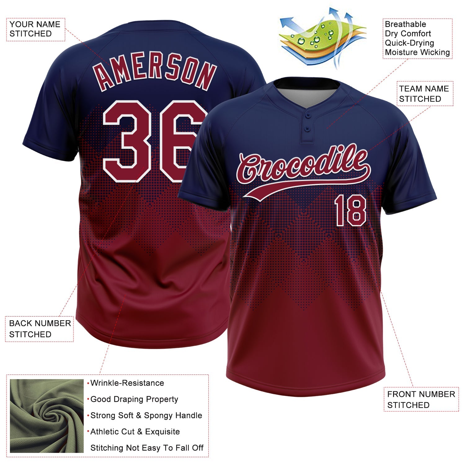 Custom Navy Crimson-White 3D Gradient Square Shape Two-Button Unisex Softball Jersey view 3