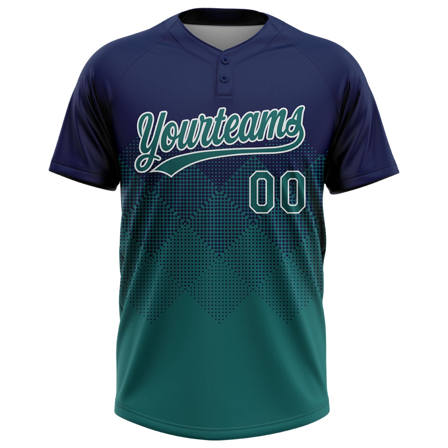 Custom Navy Teal-White 3D Gradient Square Shape Two-Button Unisex Softball Jersey view 2