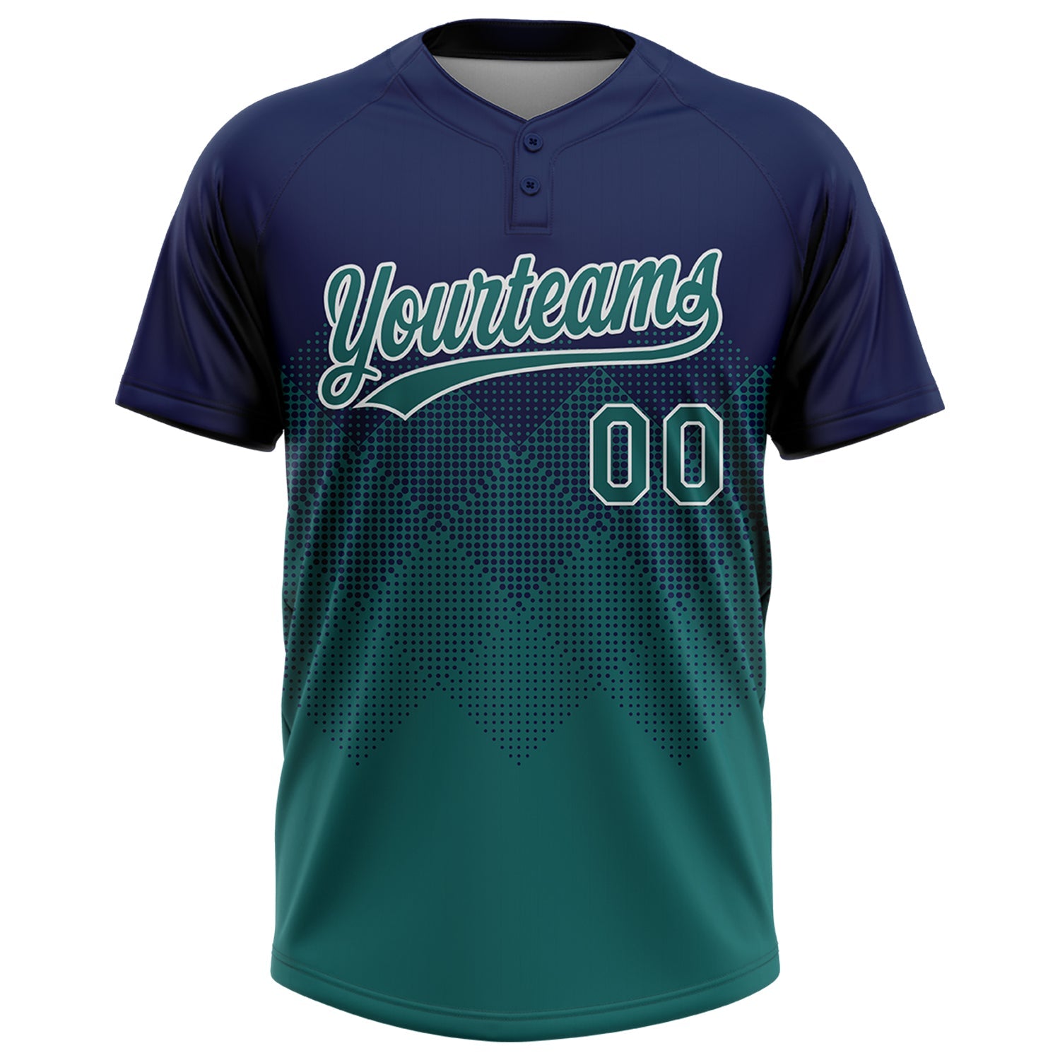 Custom Navy Teal-White 3D Gradient Square Shape Two-Button Unisex Softball Jersey view 2