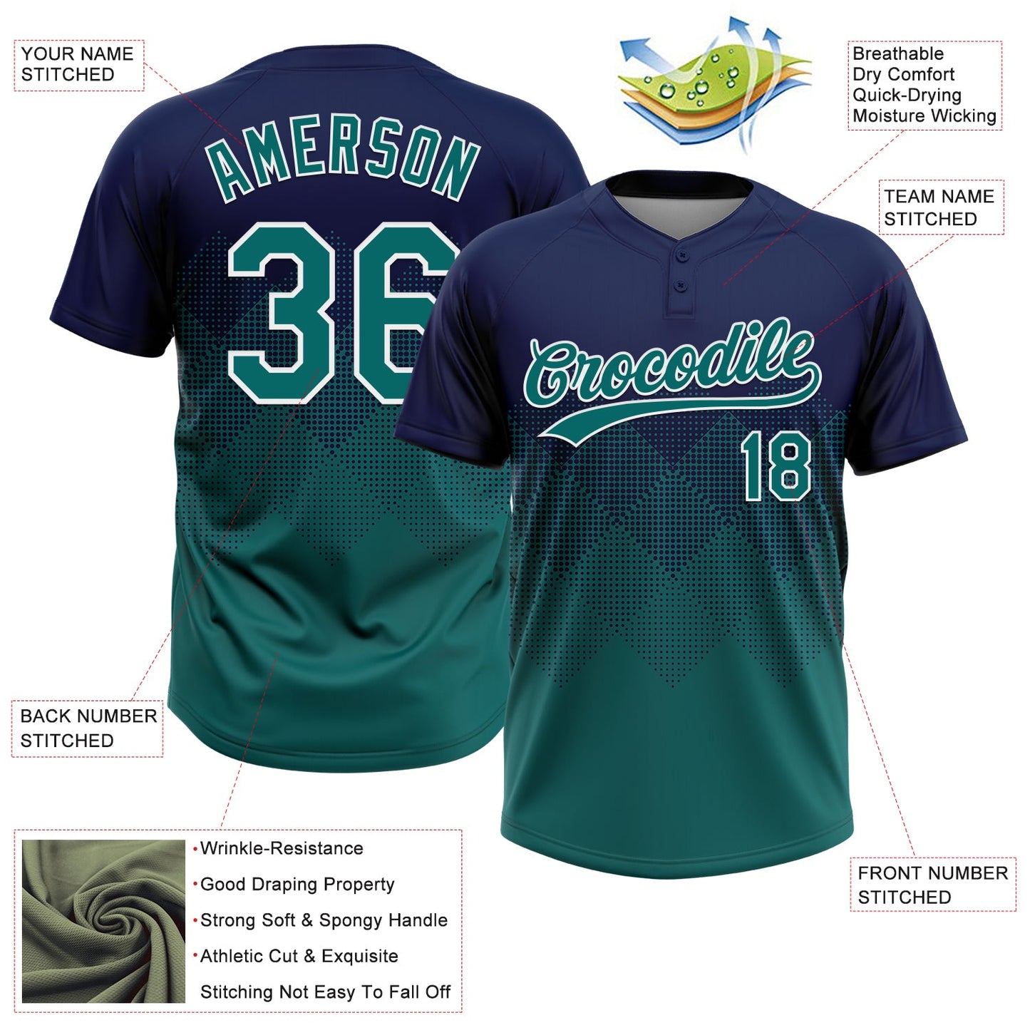 Custom Navy Teal-White 3D Gradient Square Shape Two-Button Unisex Softball Jersey view 3