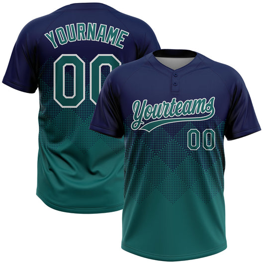 Custom Navy Teal-White 3D Gradient Square Shape Two-Button Unisex Softball Jersey - Main View