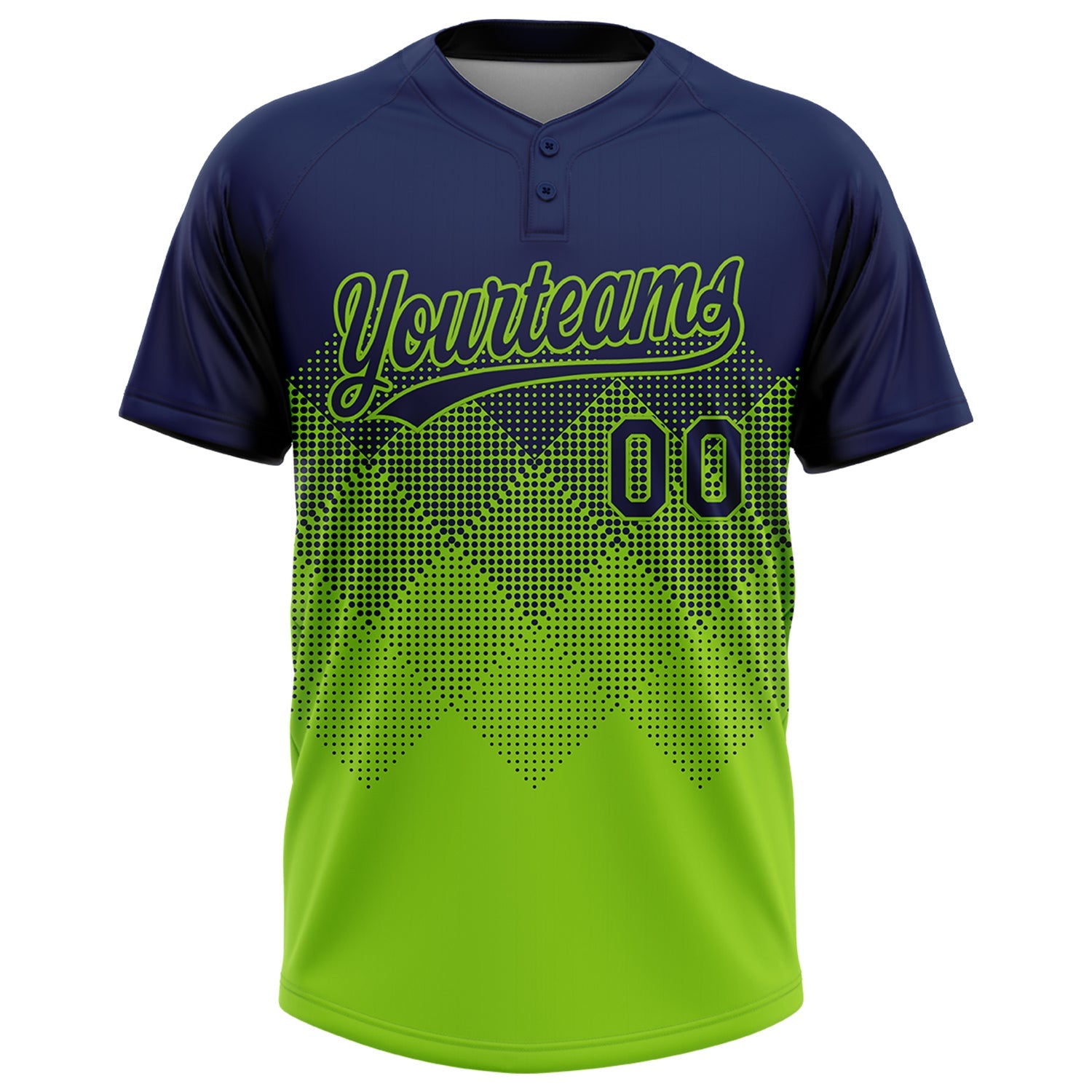 Custom Navy Neon Green 3D Gradient Square Shape Two-Button Unisex Softball Jersey view 2